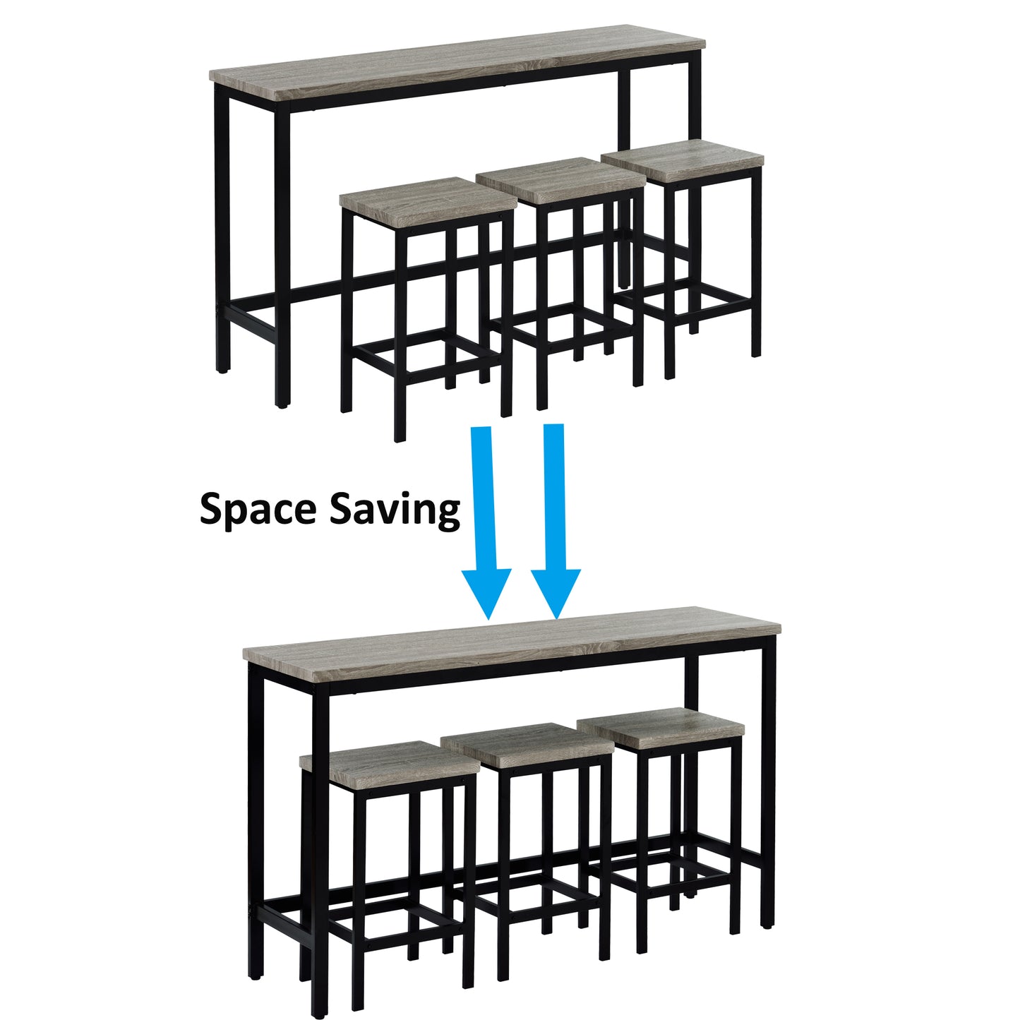 TOPMAx Counter Height Extra Long Dining Table Set With 3 Stools Pub Kitchen Set Side Table With Footrest Gray