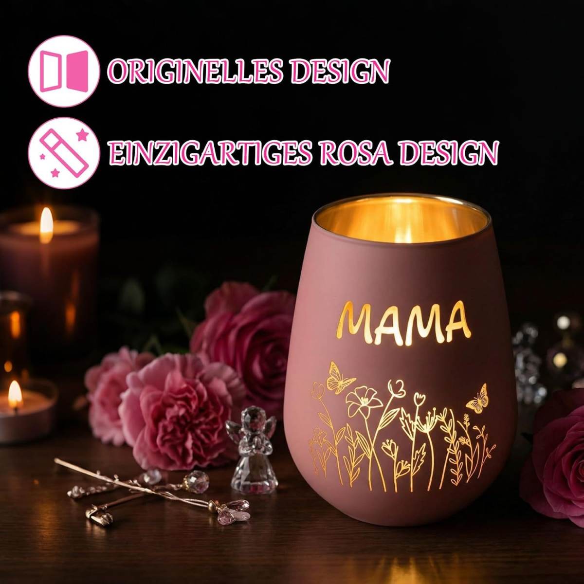Pink Glass Candle Holder – Lantern-Shaped, With “MAMA” Engraving, As A Gift For Women