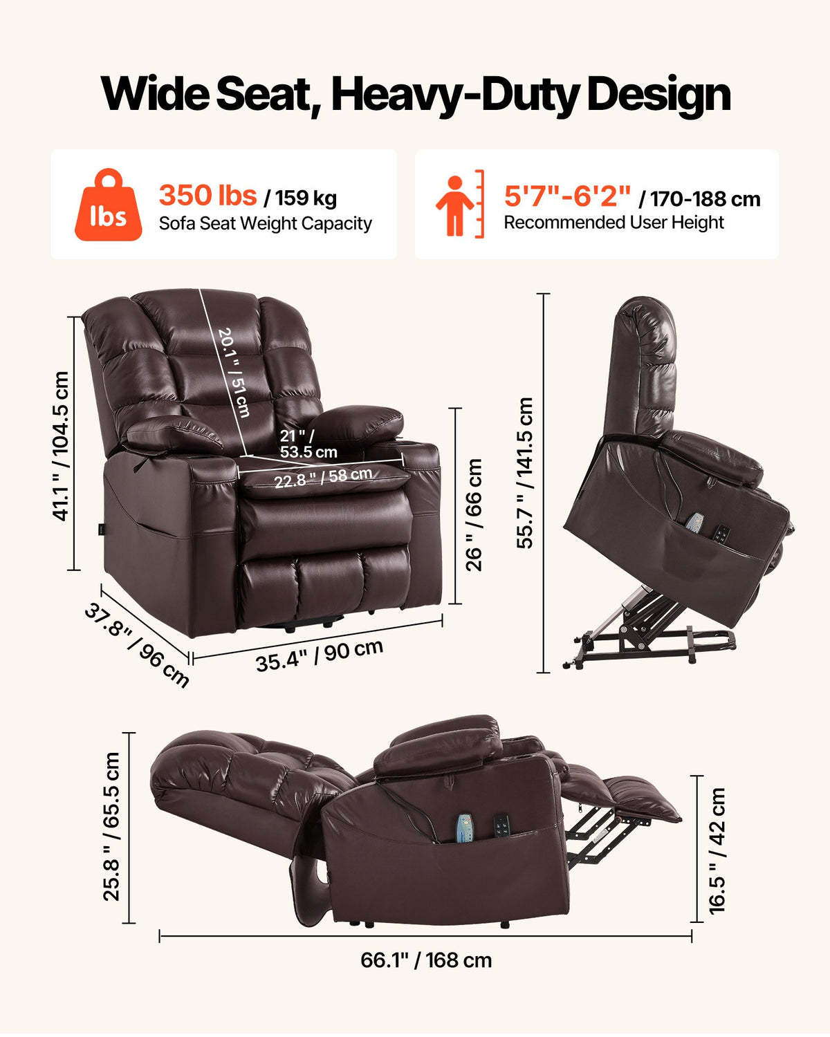 Power Lift Recliner Chair, Triple-Motor, Large Electric Lift Chair With Heat And Massage For Elderly, Infinite Position Adjustment, Leather Surface, With Storage Pockets And Cup Holders, Brown