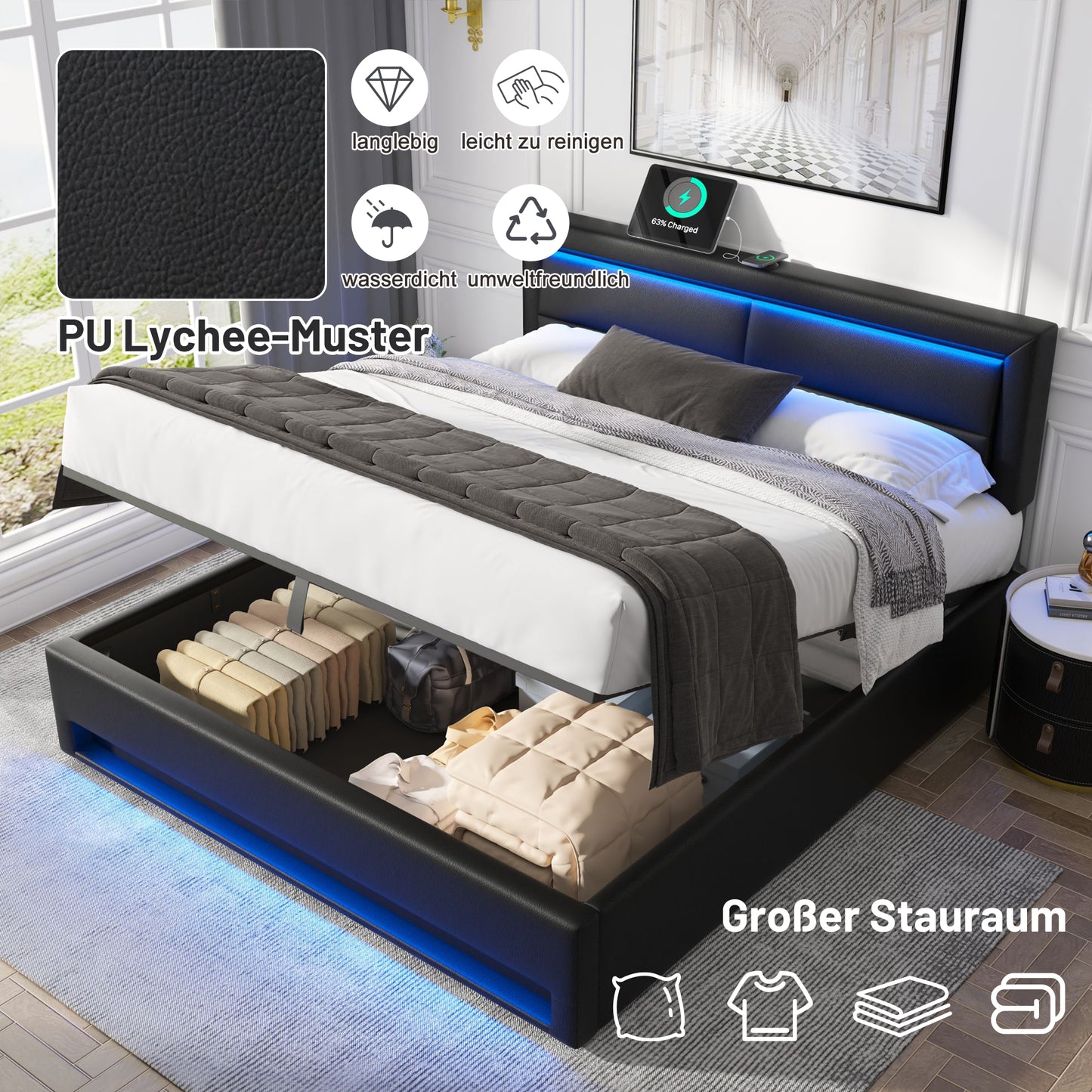 Upholstered Bed 140 X 200 Cm, With USB Port Supports Wireless And Wired Charging , With LED Lighting And Storage, Without Mattress, PU Lychee Pattern, Black OLD SKU 3252978AAS