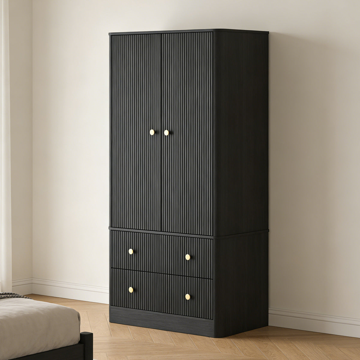 Clothing Wardrobe 2 Doors 2 Drawers Elegant Wave Pattern Wooden Freestanding Large Capacity Storage Cabinet For Bedroom Living Room Office