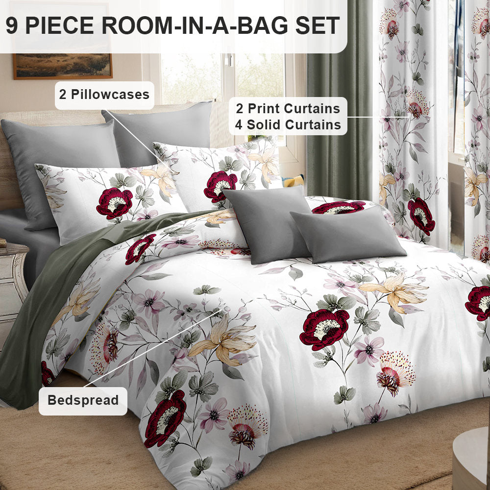 9 Piece Room In A Bag Quilt And Curtain Set, US Designer Sage Green Botanical Floral Print Heavyweight Bedspread With 6 Customizable Window Panels, Pet-Friendly High GSM Coverlet