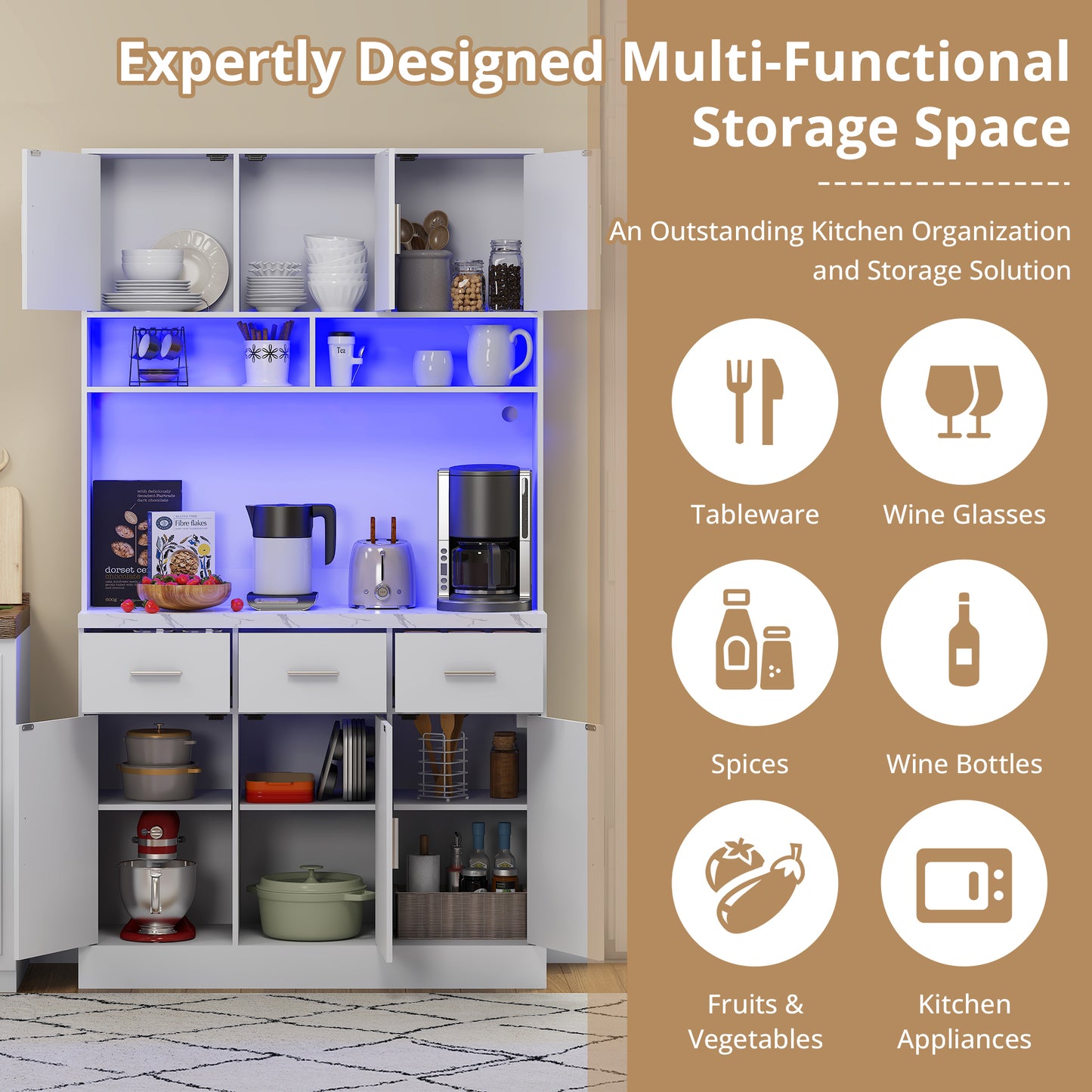 100x40x180cm, Kitchen Tall Cabinet, Pantry, Buffet Cupboard With LED App Controlled, Drawers, Adjustable Shelves, And Charging Station, For Kitchens And Dining Rooms