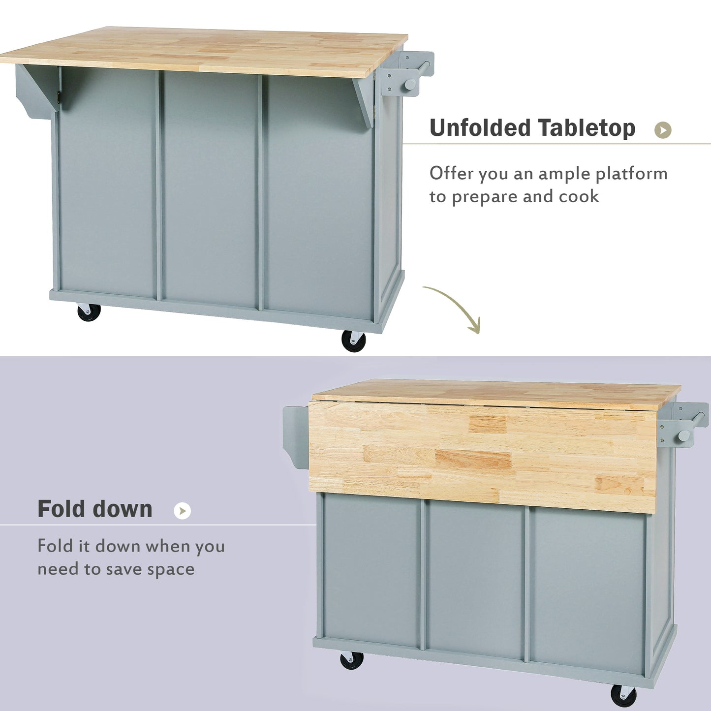 Kitchen Cart With Rubber Wood Drop-Leaf Countertop ,Cabinet Door Internal Storage Racks,Kitchen Island On 5 Wheels With Storage Cabinet And 3 Drawers For Dinning Room, Grey Blue