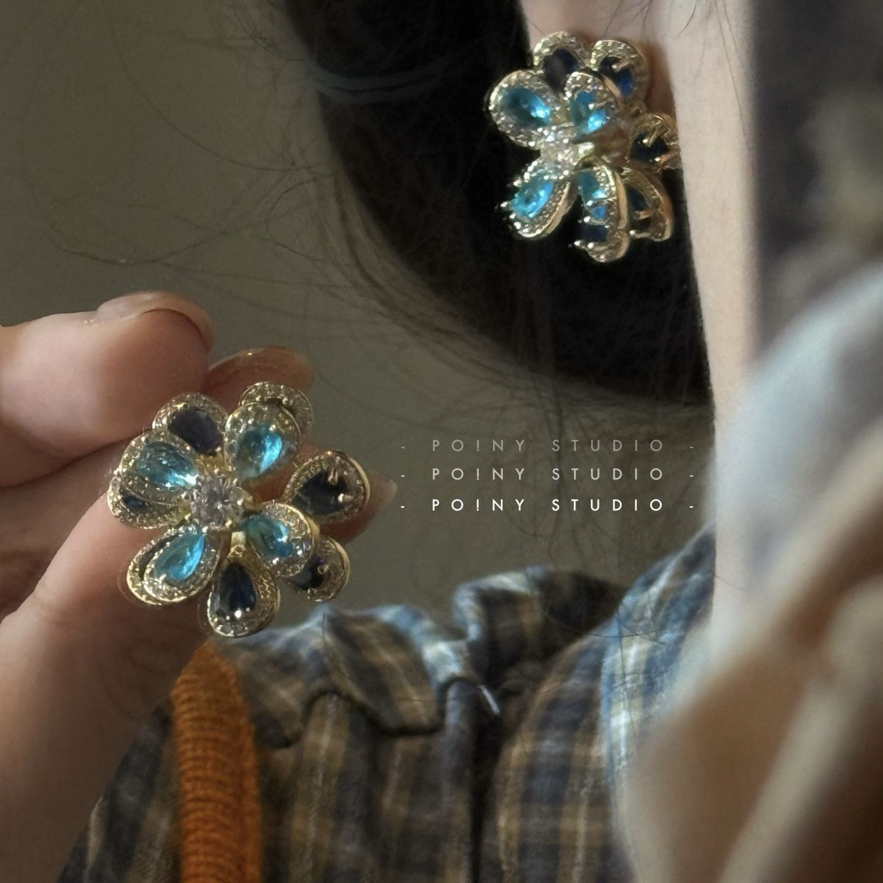 2026 New Vintage Retro Bold Floral Stud Earrings, Full Paved Blue Zircon Rhinestone Luxury High-End Elegant Fashion Ear Jewelry For Women