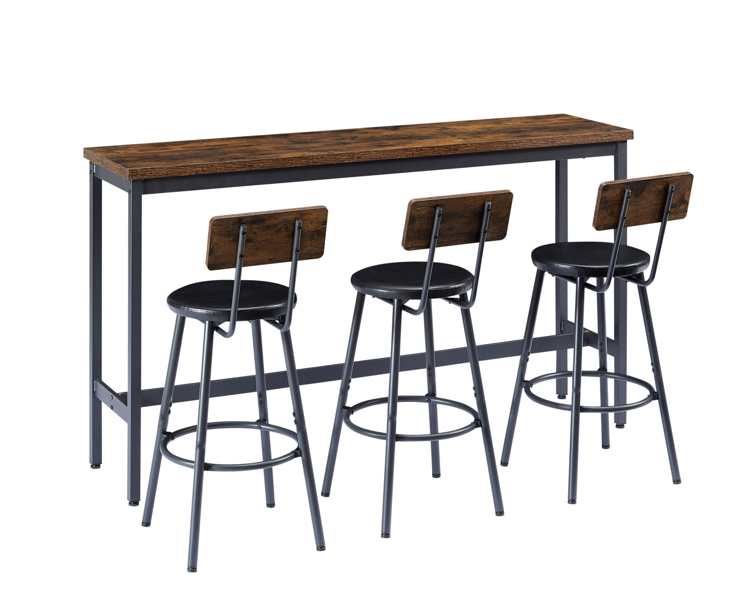 Long Bar Table With 3 PU Upholstered Bar Stools, Industrial Bar Table And Chairs For Kitchen, Breakfast Room, Living Room, Banquet Hall, Rustic Brown And Black