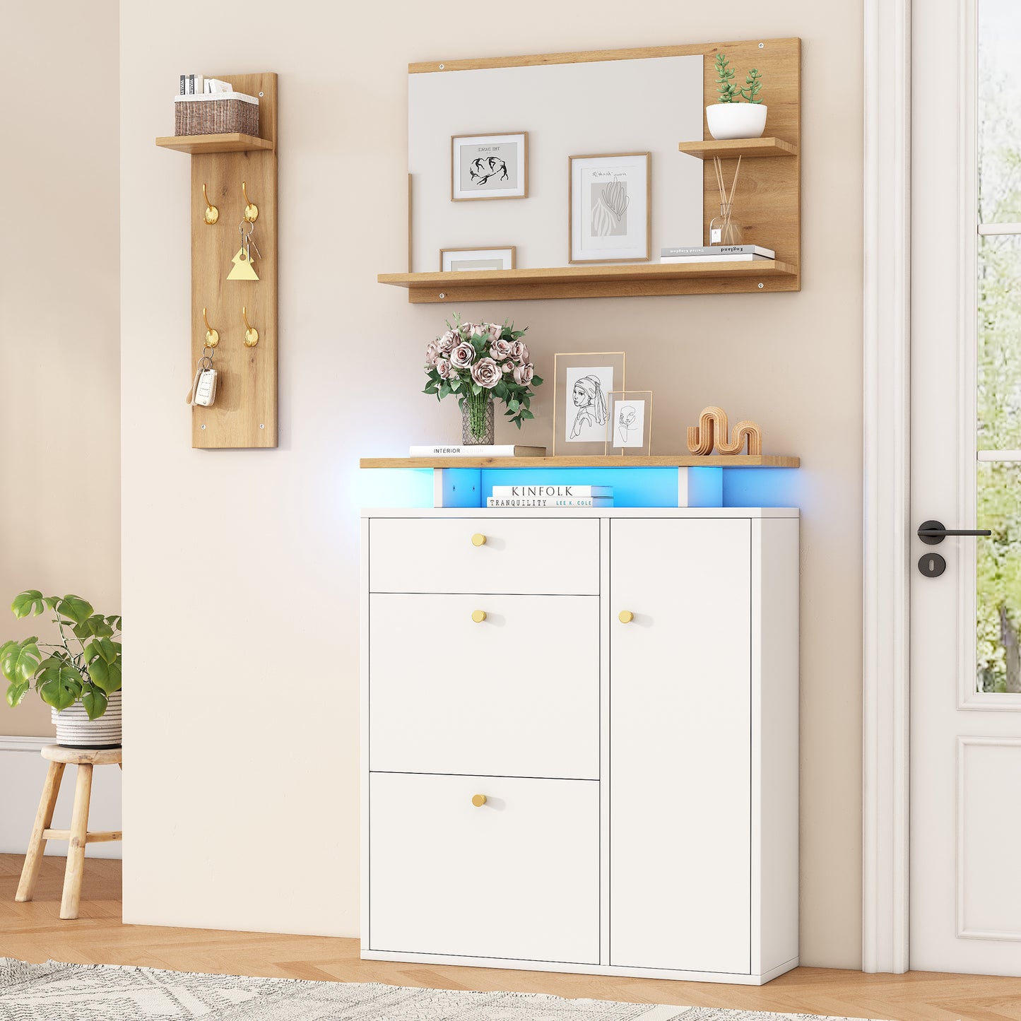 Hallway Coat Rack Set, 3-piece With Mirror, Hat Shelf And Shoe Cabinet Coat Rack With LED Lighting, 4 Coat Hooks, In Natural And White, Dimensions 105 X 25 X 151.5 Cm