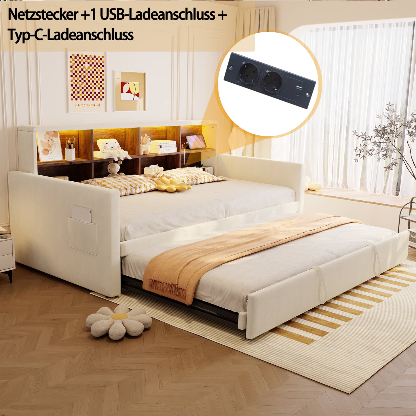 Upholstered Bed Sofa Bed 90x190cm, Headboard With Integrated Storage Compartments, LED Light Strip And Charging Sockets, With Pull-out Bed, Velvet Upholstery, Beige