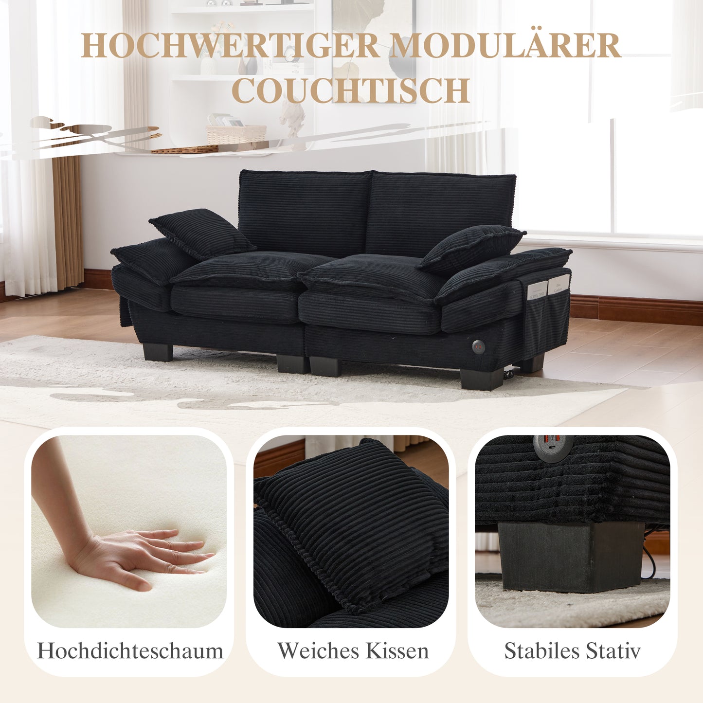 Modular Sofa For 2 People With Wide Seat Surface, Ergonomic Design, High-density Foam Cushioning, USB-C Port And Side Pockets. Ideal For Living Room, Office Or Lounge. Black
