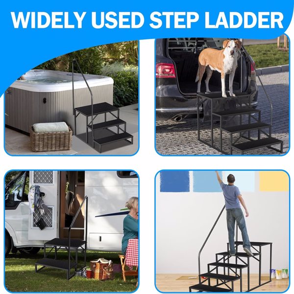 RV Step Stool,4 Step Ladder,Hot Tub Steps With Handrail,Portable Pool Ladder,660Lbs Heavy Duty Ladder Shelf Outdoor Mobile Home Stairs For Camper-Porch-SPA Pool-Pet Stairs