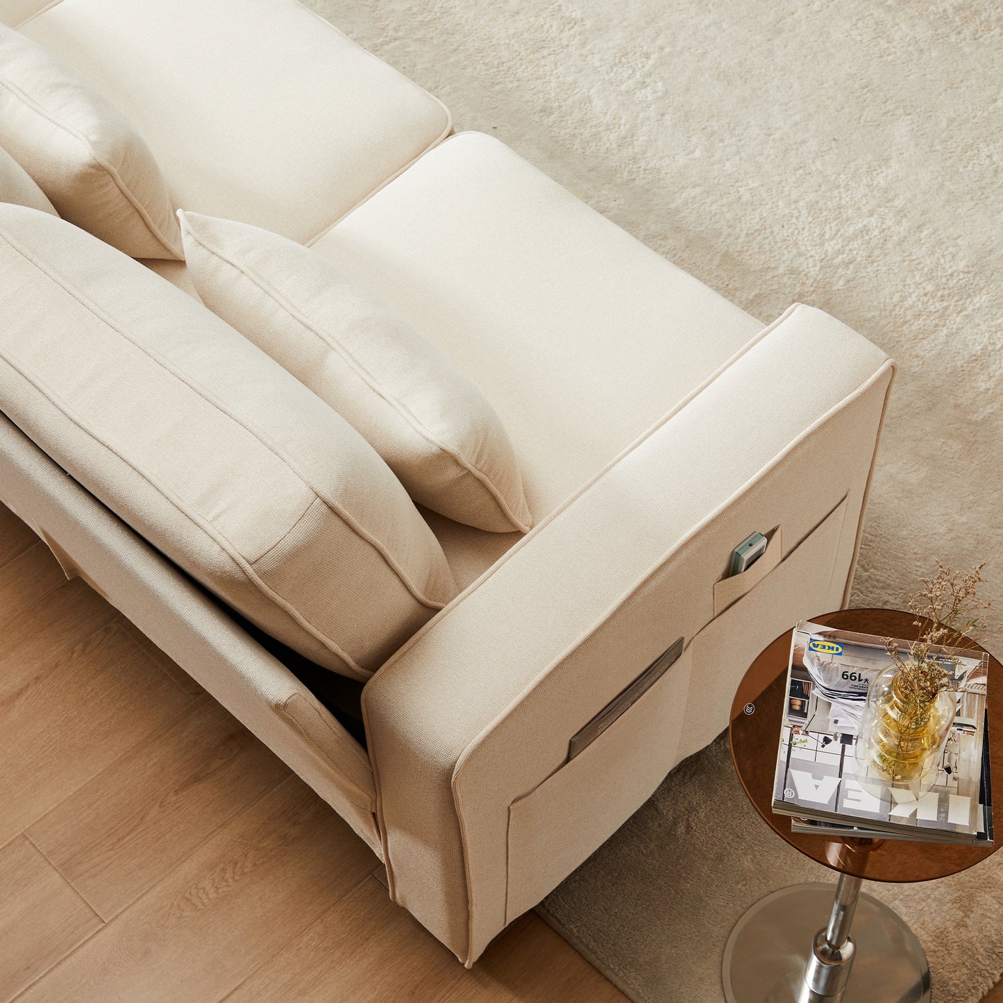 Modern 4 Seater Linen Fabric Sofa, Four Seater Sofa With Armrest Pockets And 4 Cushions, Simple Style Sofa, Suitable For Living Room, Apartment, Office, 3 Sofa Color Options