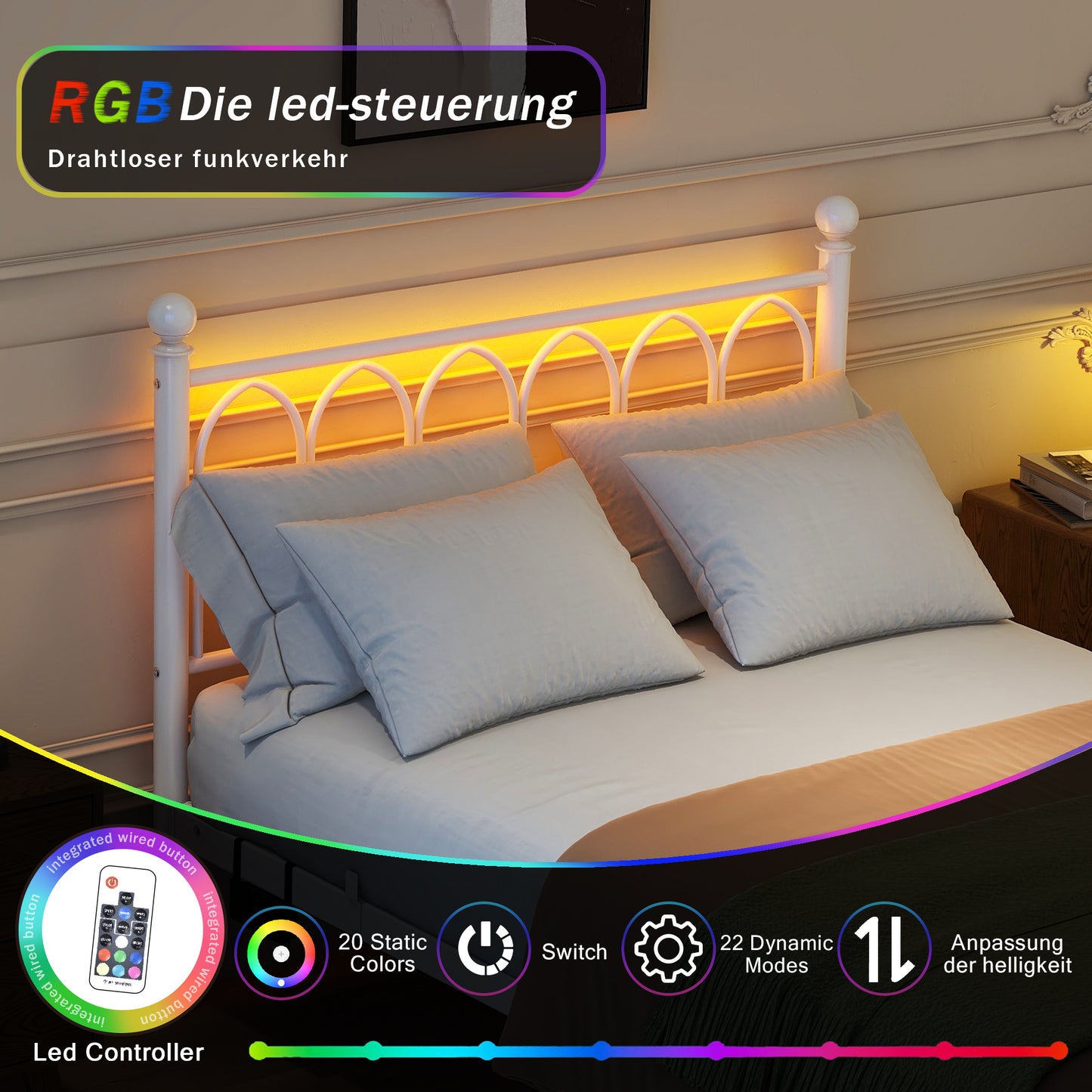 120x200cm Metal Bed Frame With Vintage Head And Footplate, USB Charging Dock, LED Bed Frame, Heavy Duty Steel Slat Support, Range Underbed Storage, No Box Spring Required, White