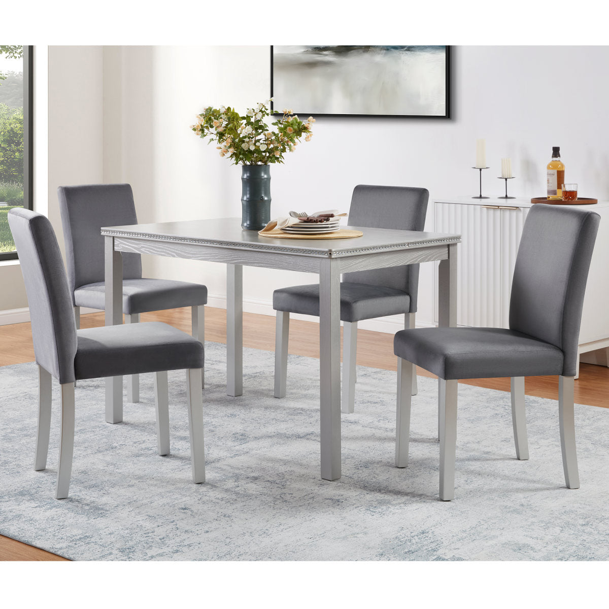 5 Piece Wooden Dining Table Set, Kitchen Table Set with a Rectangular Table and 4 Upholstered Chairs, Wooden Dining Room Table with Crystal Decoration and Chairs Set, Silver grey