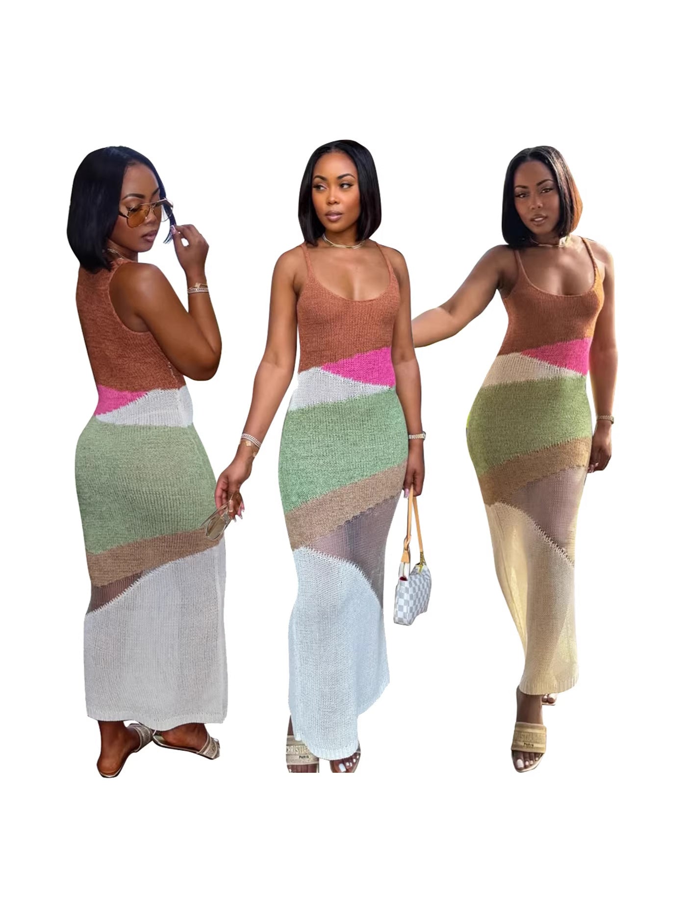 Womens Fashion Casual Color-block Knit Dress