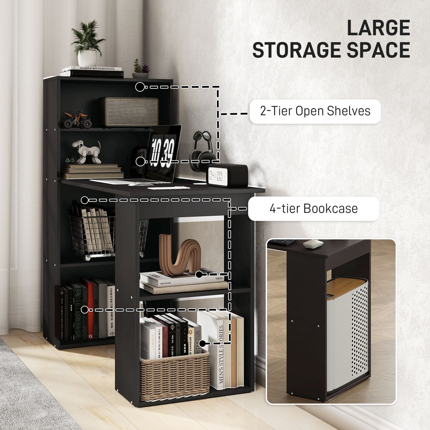 120cm Computer Desk, Wooden PC Laptop Table With 6-Tier Storage Bookshelves, Home Office Working Study Desk, Writing Workstation, Black