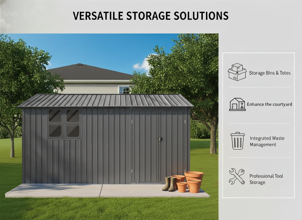 12x10 Ft Metal Garden Sheds Outdoor Storage Sheds Grey With Window With Goods Shelves