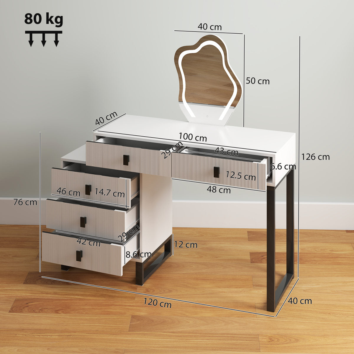 Dressing Table, Vanity Desk With Leaf Shape Mirror, Makeup Table With 5 Drawers, 3-Colour LED Lights, 100x40cm Tabletop, White