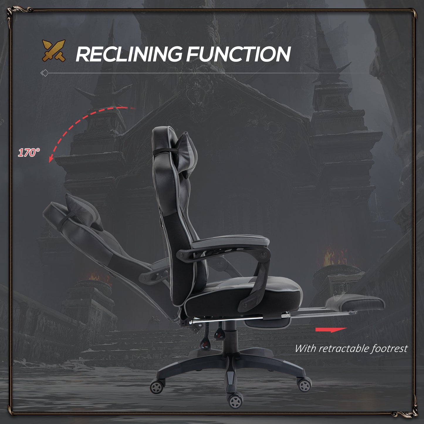 Vinsetto Computer Gaming Chair, Racing Desk Chair With Lumbar Support And Footrest, PU Leather Gamer Chair With Headrest And Swivel Wheels For Home, Grey