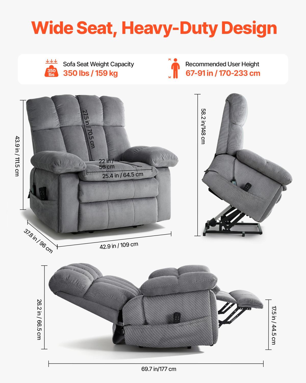 Power Lift Recliner Chair, Dual Motor, Oversized Electric Lift Chair With Heat And Massage For Elderly, Infinite Position Adjustment, Chenille Fabric, With Side Pockets, Cup Holders, Light Gray