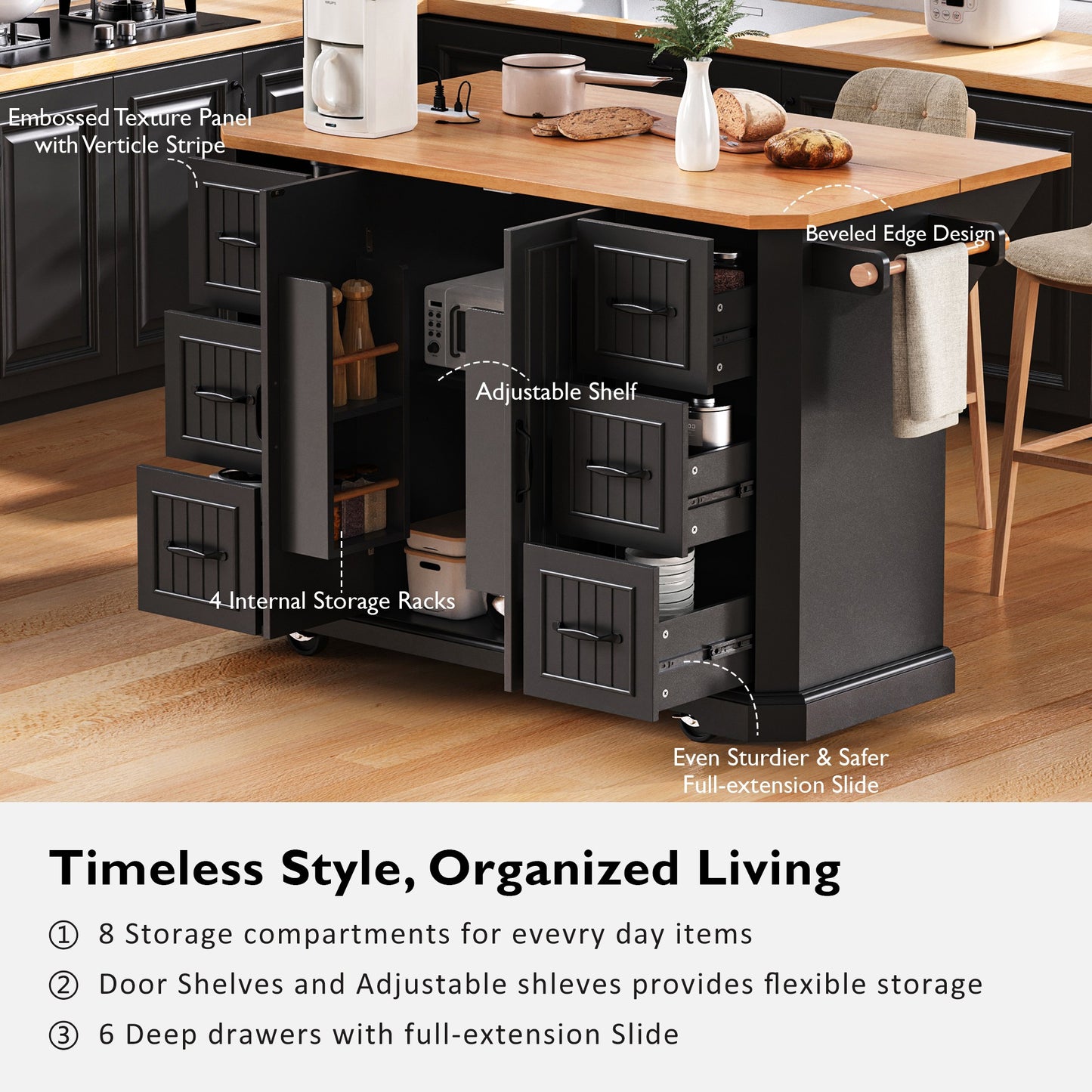K&K 56 Inch Kitchen Island With Rubber Wood Veneer Drop Leaf, Power Outlet, 4 Door Shelves, Embossed Vertical Stripe Rolling Kitchen Cart On 4 Wheels With 6 Deep Drawers For Kitchen, Dining Room,Black