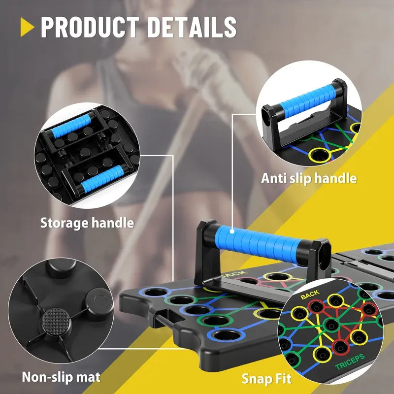 Portable Foldable Multi-Purpose Push-Up Board with Handles and Resistance Bands - Fitness Equipment, Home Gym Indoor Training