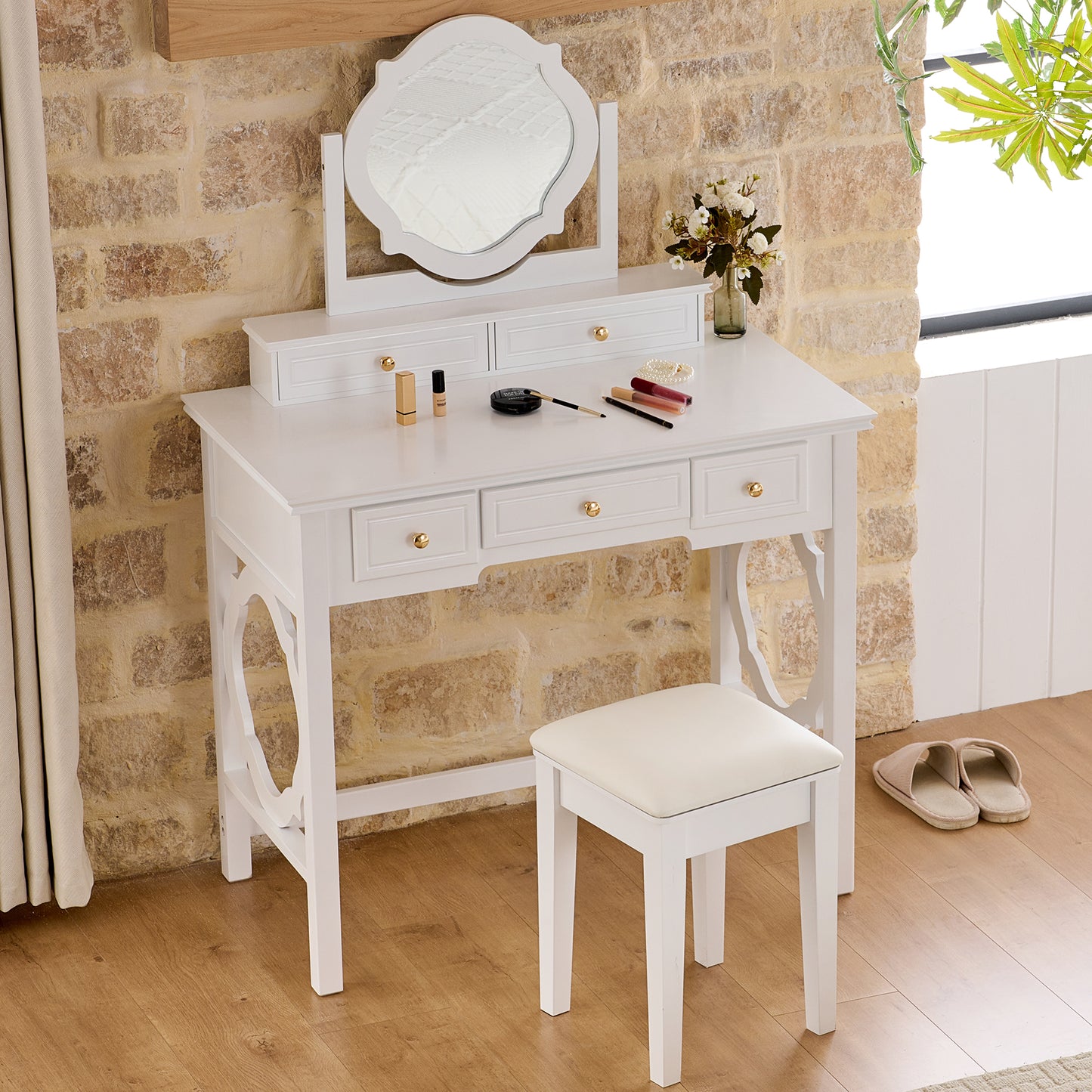 Compact Makeup Vanity Table With Reversible Mirror, Dressing Table Set With Stool, Space-Saving Beauty Station For Small Places, White