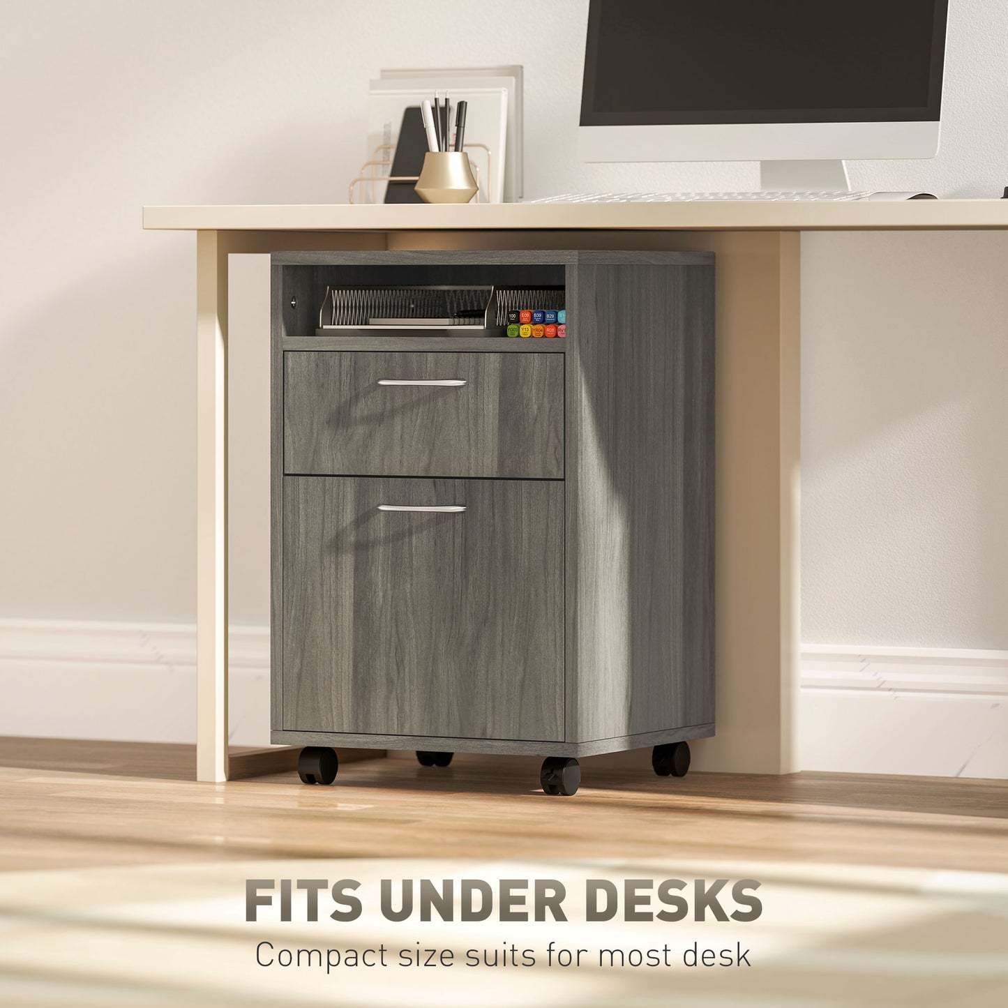60cm Filing Cabinet With Drawer, Open Shelf, Metal Handles And 4 Wheels, Office Home Organiser Mobile Printer, Grey