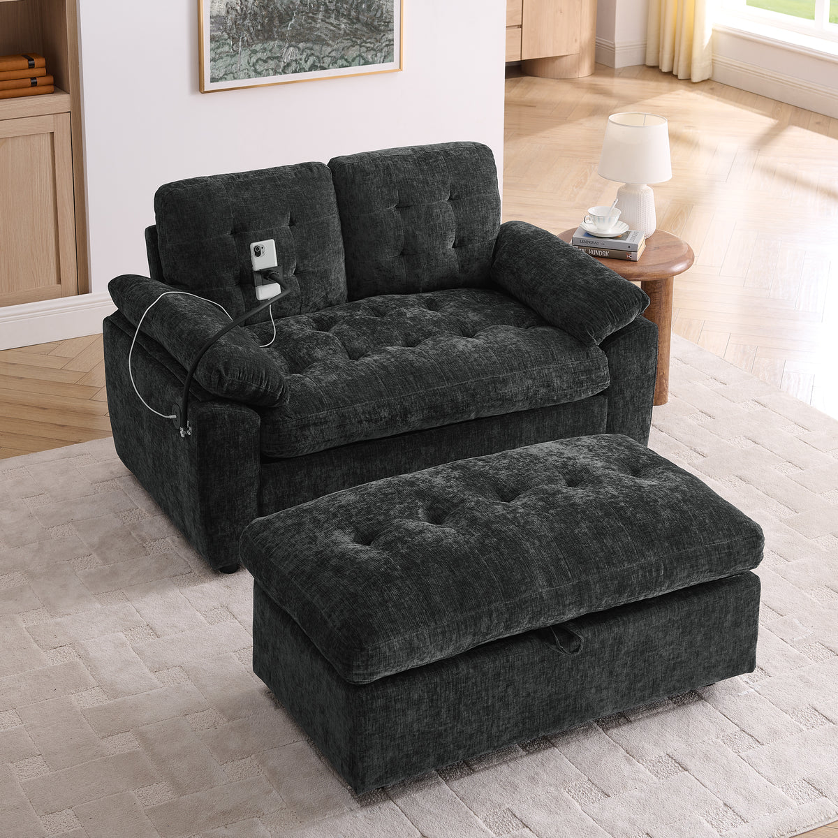Leisure Sofa Chair,Double Sofa Recliner, With Manually Adjustable Backrest, Soft Padded Armrests, Side USB Charging Port And Phone Stand, Comes With A Matching Storage Ottoman-Black