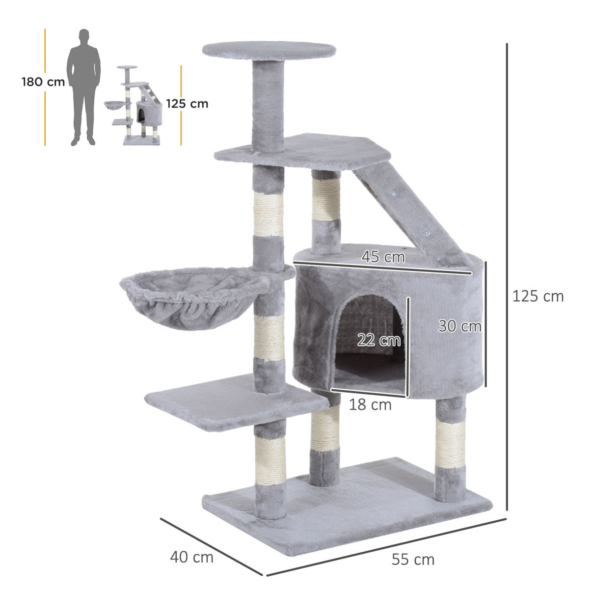 PawHut Cat Tree For Indoor Cats Kitten Scratching Post Scratch Scratcher Climb Activity Center Play House Pet Furniture 125cm (Grey)