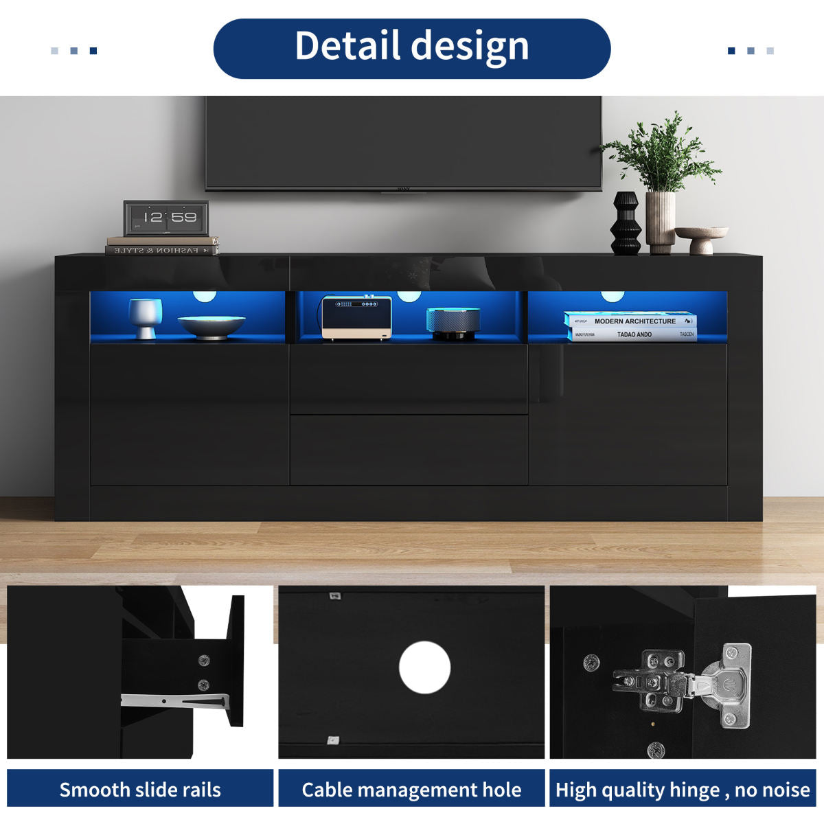 160x35x60cm High Gloss TV Cabinet With LED Lighting, 3 Open Compartments, 2 Doors, 2 Drawers, Smart App Control, For 70 Inch TV,High Gloss TV Stand