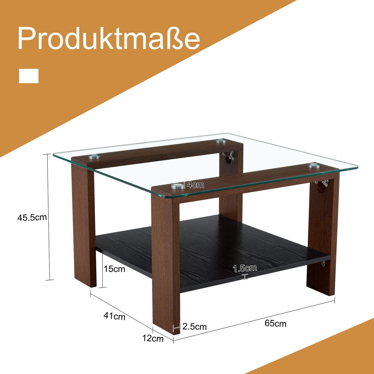 Modern Coffee Table With Storage, Tempered Glass Top And Walnut Wood Legs, 65x41x45.5cm, Contemporary Living Room Table For Home Office, Apartment And Small Rooms