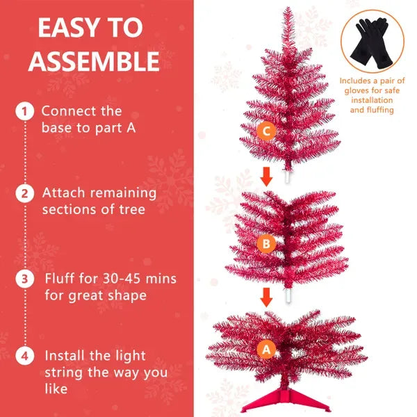 4FT Red Christmas Tree With 50 UL Lights, 122 PVC Tips – Prelit Artificial Holiday Tree For Indoor Decoration, Small Space, Tabletop, Apartment, Or Office