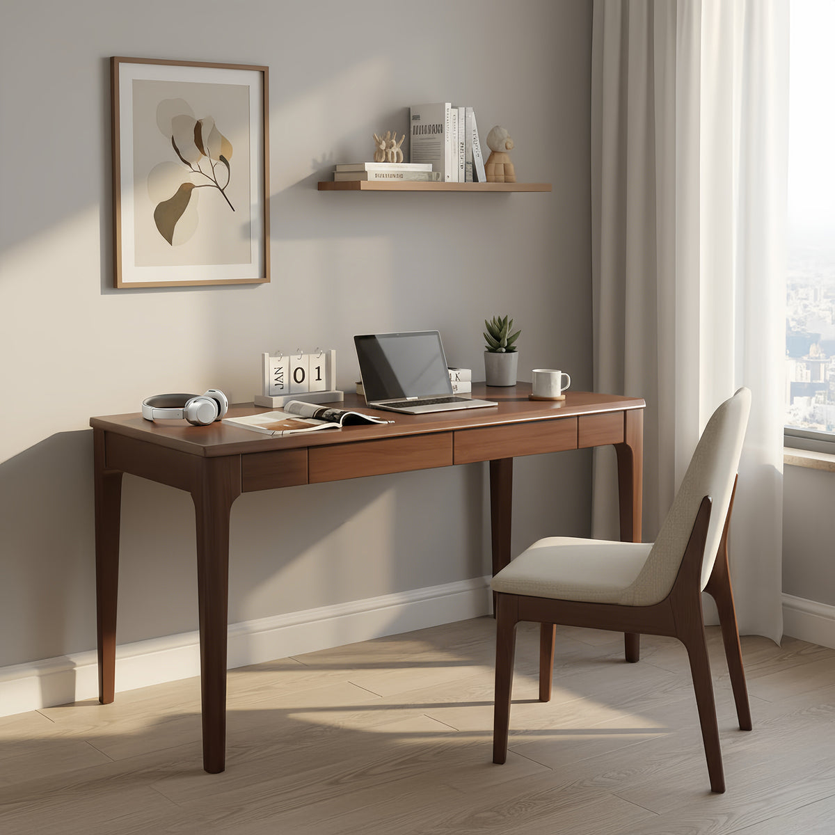 Solid Wood Desk With Drawers, Standing Desk With Smooth Edges, Home Office Desk For Small Spaces, Mid Century Modern Desk For Study, Bedroom, Living Room, Office, Walnut, 47.24inx21.65inx29.53in