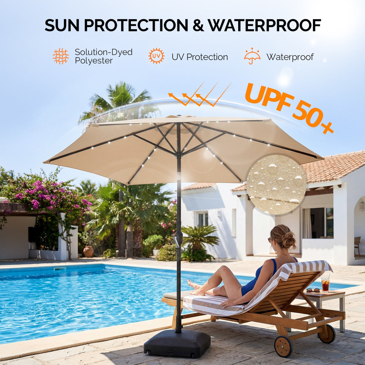 9ft Solar LED Patio Umbrella, 6-Rib Waterproof Outdoor Market Umbrella With Push Button Tilt & Crank, Sun Shade For Garden Pool Deck, Beige