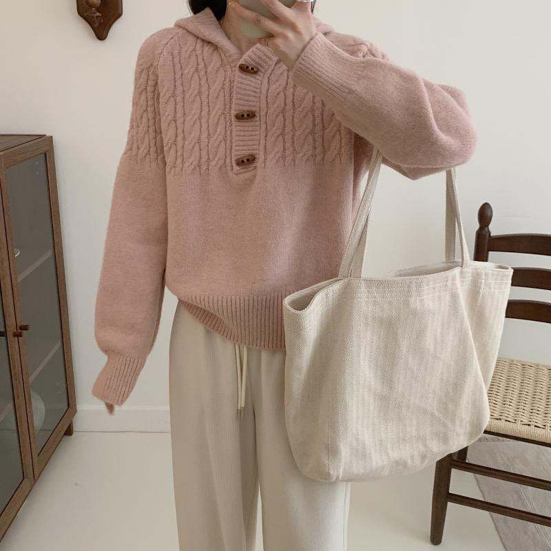 Korean-style Horn-Button Cable-Knit Sweater For Women