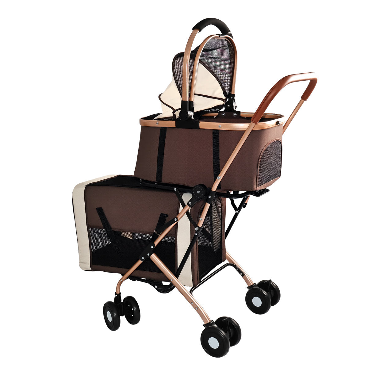 Double Pet Stroller for Dogs and Cats, Foldable Frame, 3-in-1 Convertible Carrier/Tote, Shockproof Wheels, Brake System, Fixed Safety Leashes for Small/Medium Pets in Multi-Pet Homes(Khaki)