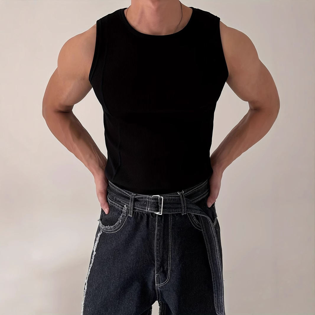 Mens Knitted Vertical-Stripe Fitness Sports Casual Tank Top