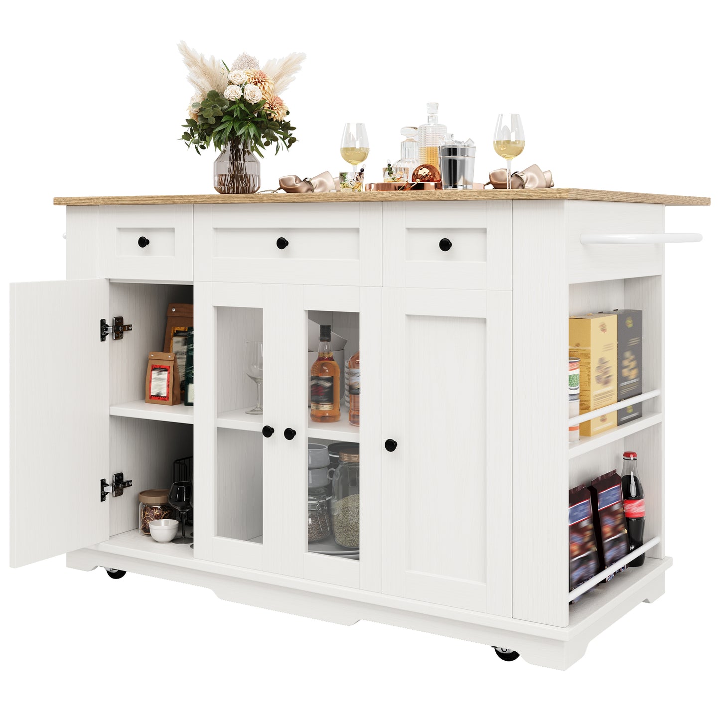 Kitchen Island, Removable Dividers, Kitchen Cabinet, Dining Cart With Countertop, Buffet Cabinet, Wood-Grain Dining Cart, Buffet Cabinet, Tempered Glass Cabinet, White
