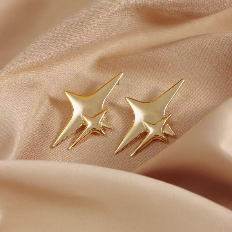 Korean Double Four-pointed Star Studs, Sweet Long Earrings For Daily Commute