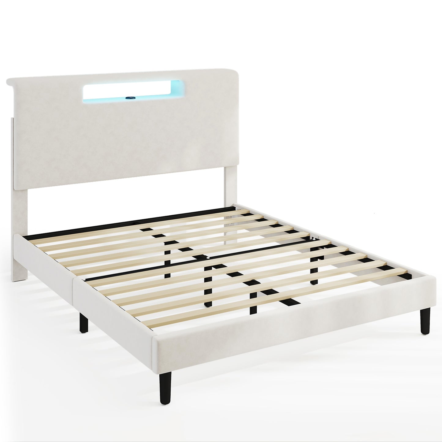 Queen Size Bed Frame With Storage Function Charging Station And Adjustable LED Light Wood Slat Support Bed Frame With Headboard Remote Control Easy Assembly