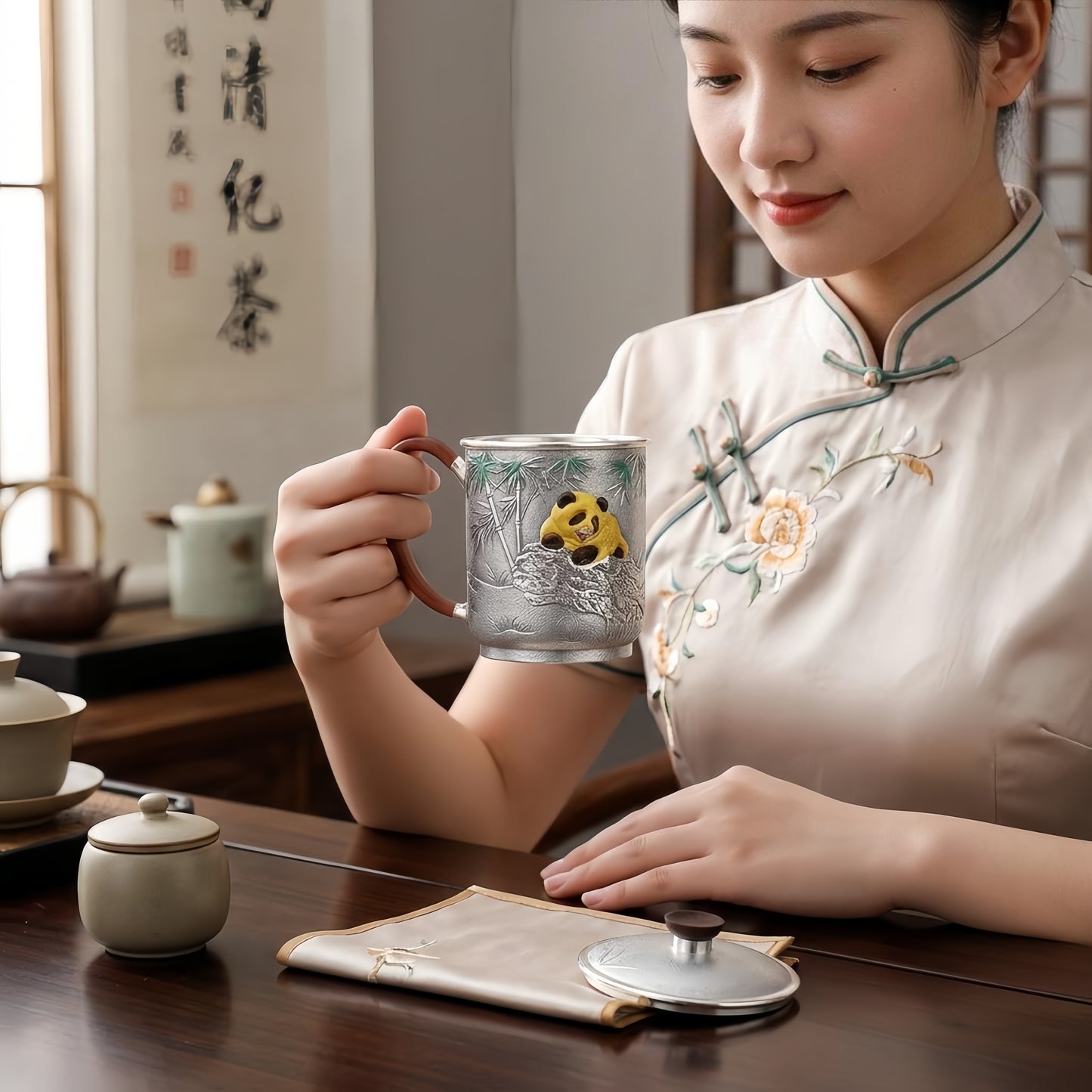 Pure 999 Fine Silver Teapot with Wooden Accents and Playful Panda Design-Premium Tea Mug - Handicraft