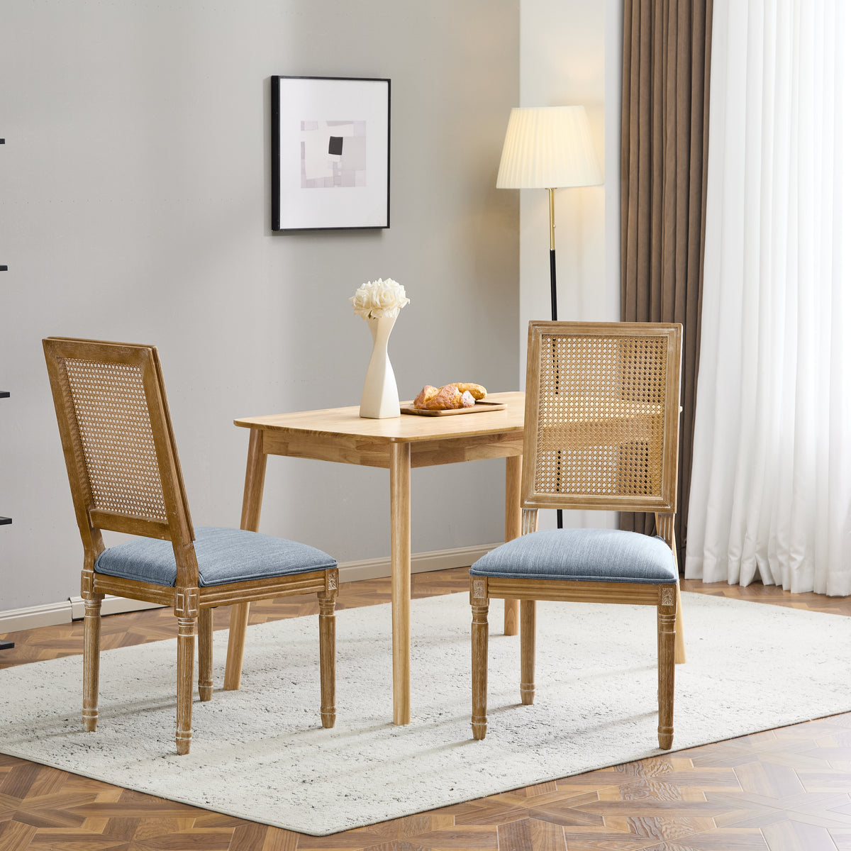 French Country Dining Chairs - Elegant Cane Backrest & Upholstered Seats With Fluted Legs - Rustic Weathered Finish - Solid Rubberwood Frame - Vintage Inspired Kitchen & Dining Room Chairs