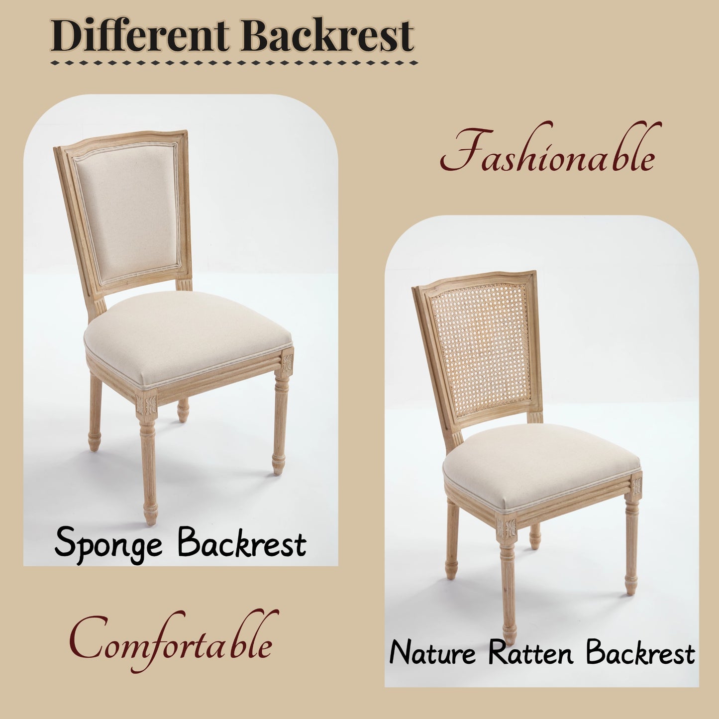 French Country Dining Chairs Set Of 2, Upholstered Chairs With T Shaped Back, Wire Drawing And Carving Techniques ,Disassemblable , For Living Room, Kitchen , Restaurant Use, Beige