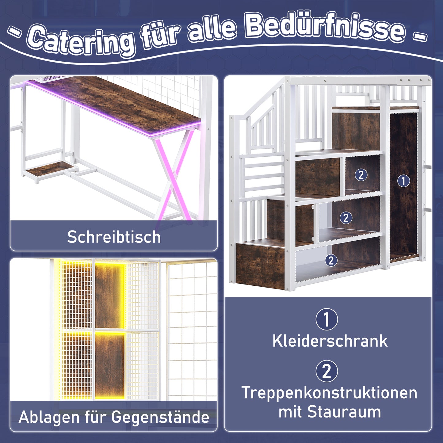 Loft Bed, 140x200cm, With LED Lights, Storage Ladder, Desk, Wardrobe, Shelves, Without Mattress, White