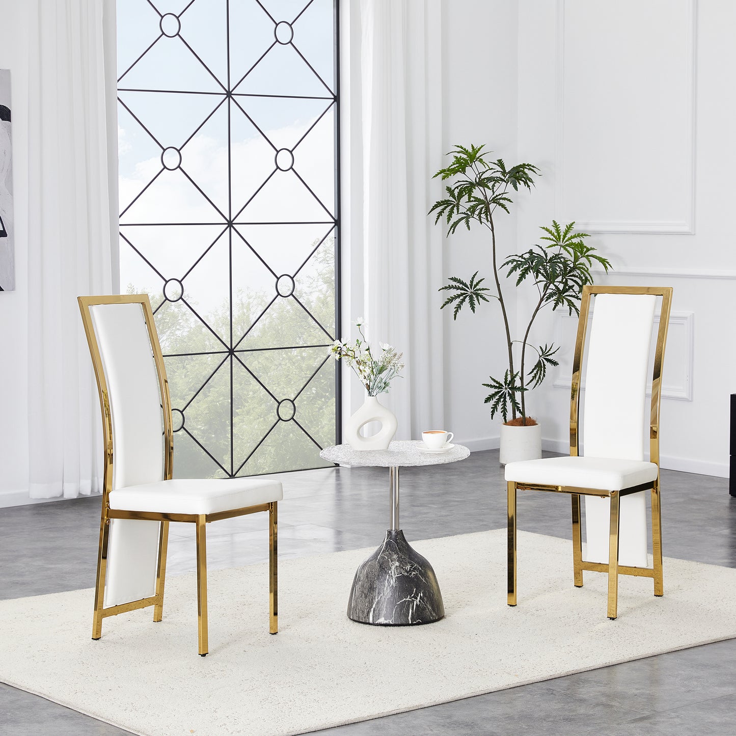 Set Of 2 European Minimalist Dining Chairs With Gold Edge. White PU Leather Gold Luster Metal Frame, 109cm High, For Versatile Uses Such As Dining Room, Office, Etc.