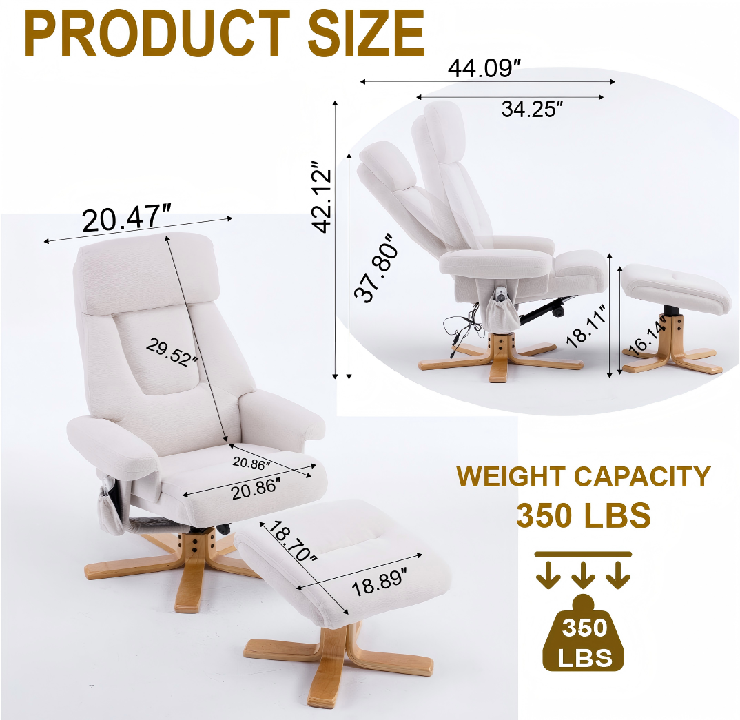 Beige Fabric Upholstered Heated Massage 360 Swivel Accent Chair, Chair With Ottoman, Ergonomic Comfort For Living Room, Bedroom Reading Nook Small Single Sofa For Bedroom, Office, Apartment