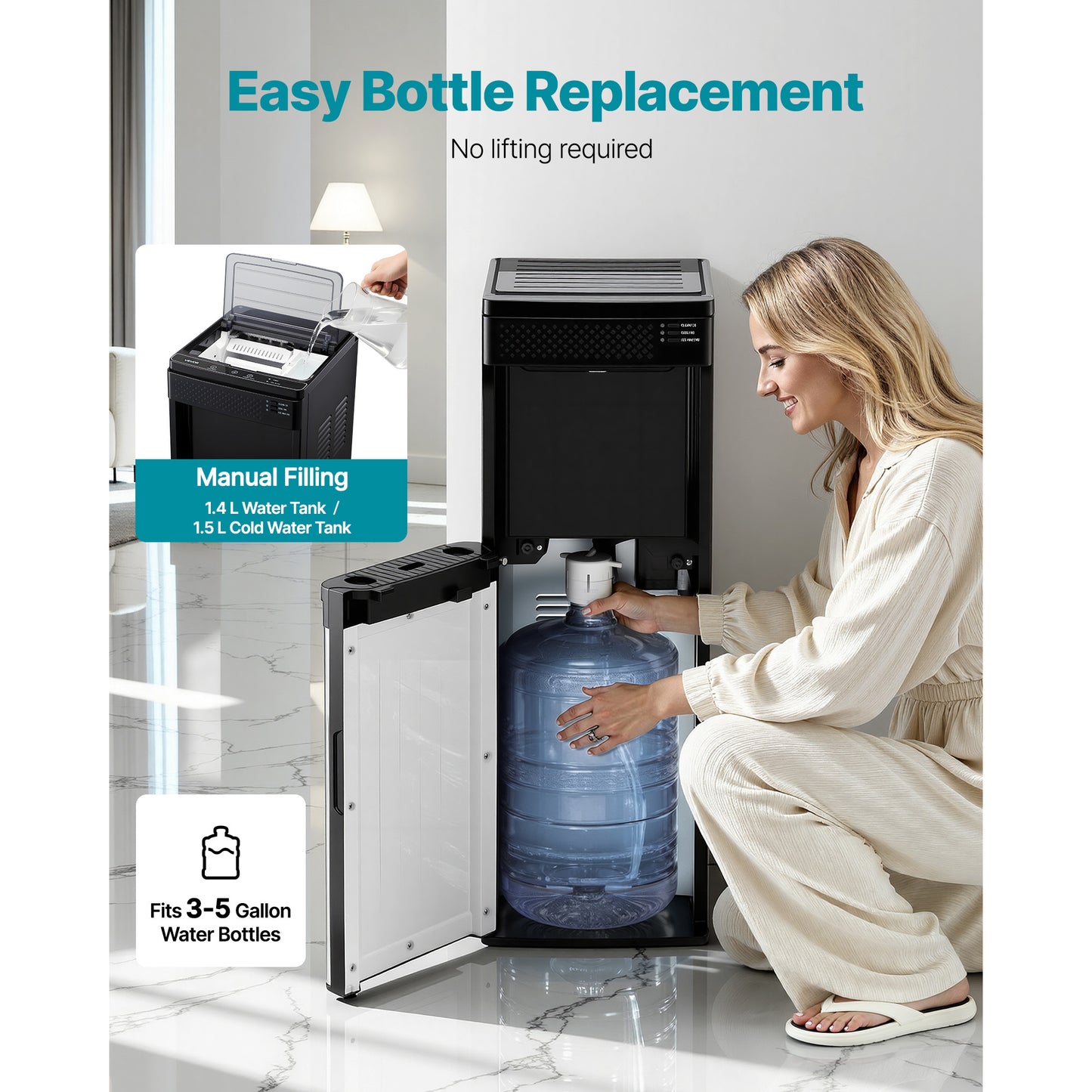 Water Dispenser With Ice Maker, 3-in-1 Floor-Standing Water Dispenser, 33 LBS 24H, 9 Cubes 7 Min Fast Ice Making With 1.3 LBS Storage, Bullet Ice-Cubes & Cold-Water, For Home, Kitchen, Party