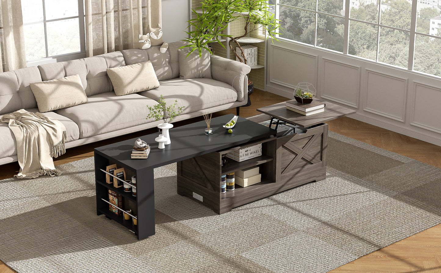 U-Can Farmhouse Lift Top Coffee Table With Barn Doors, Wood Rectangle Center Table With Large Hidden Storage Space And Open Cabinet, For Living Room, Bedroom, Home Office