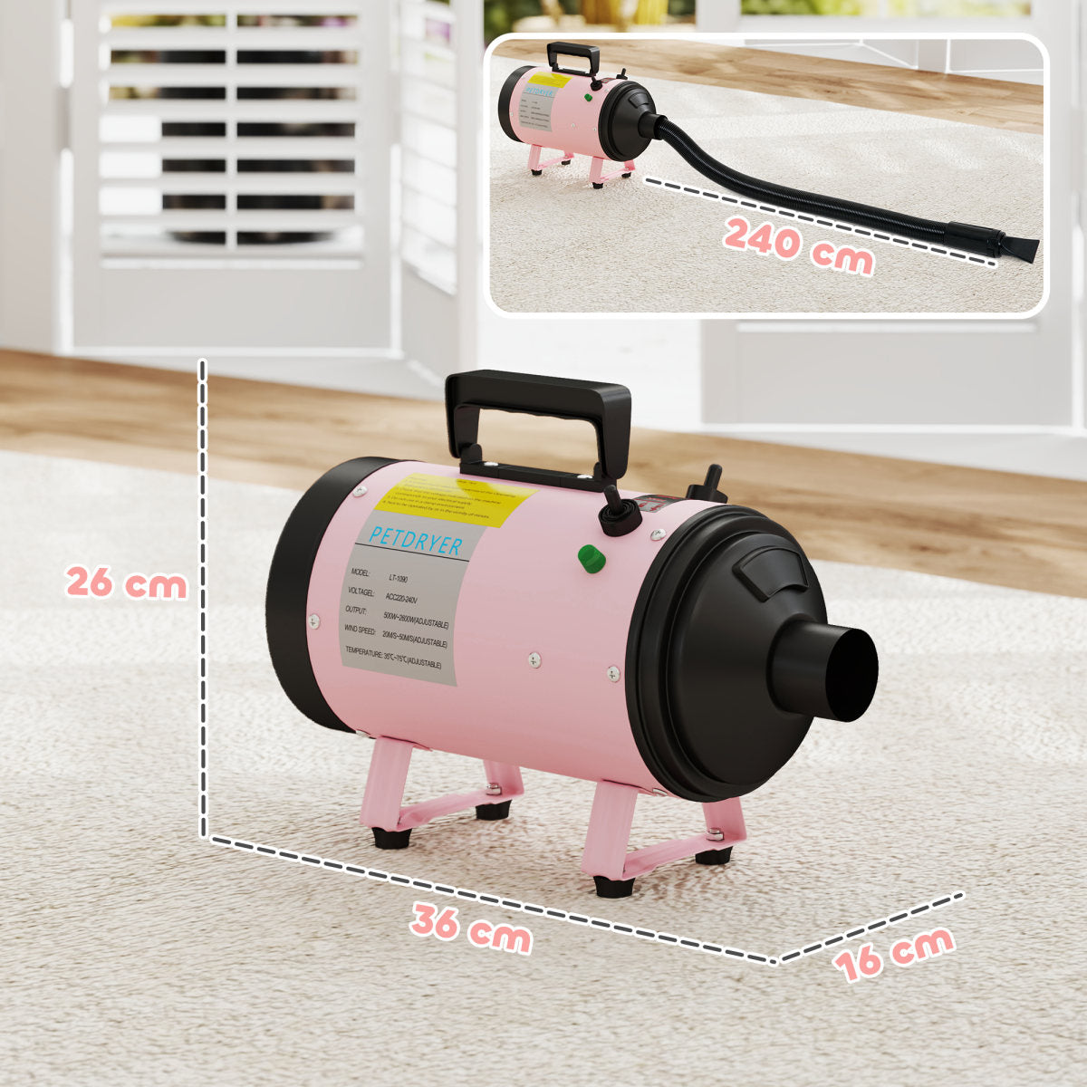 PawHut 2200W Dog Hair Dryer With Adjustable Temperature & Velocity, 3 Different Nozzles,