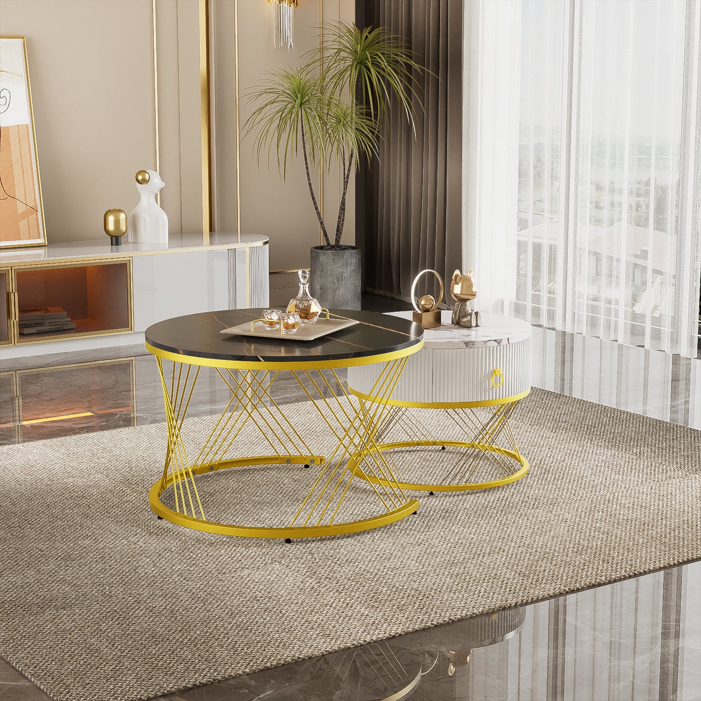 Elegant Composable Coffee Table Marble Effect, Gold Decor, Side Table With Drawers - Set Of 2
